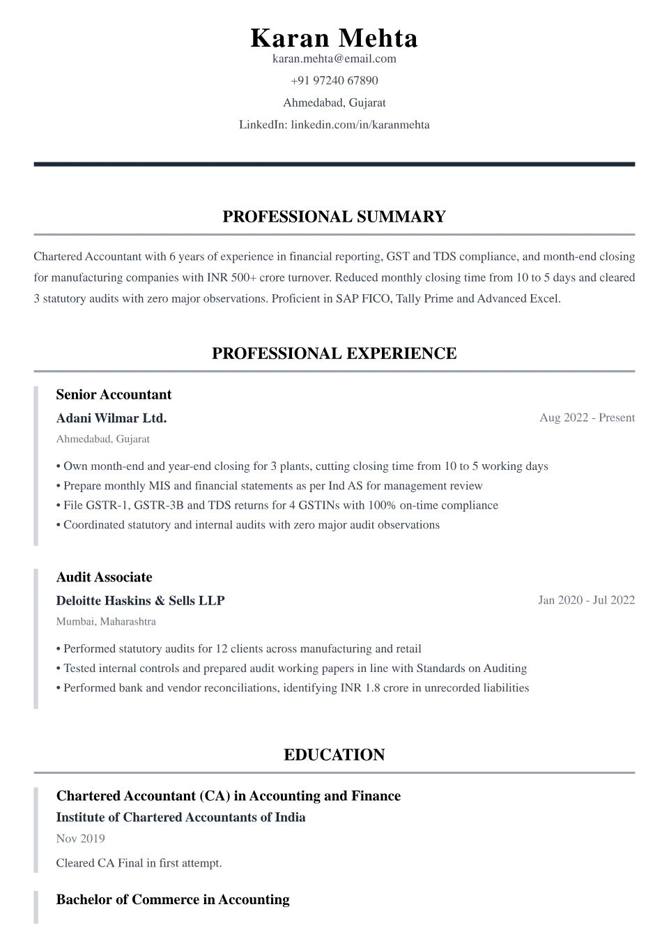 Accountant resume sample in the Classic Executive free ATS template