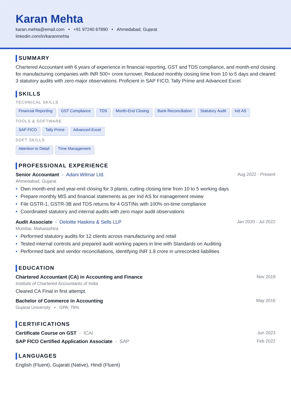 Accountant resume sample in the Compact ATS free ATS template
