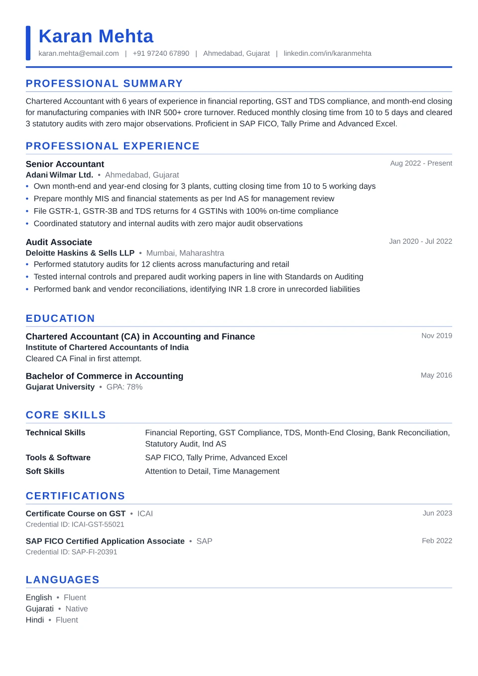 Accountant resume sample in the Executive Accent free ATS template