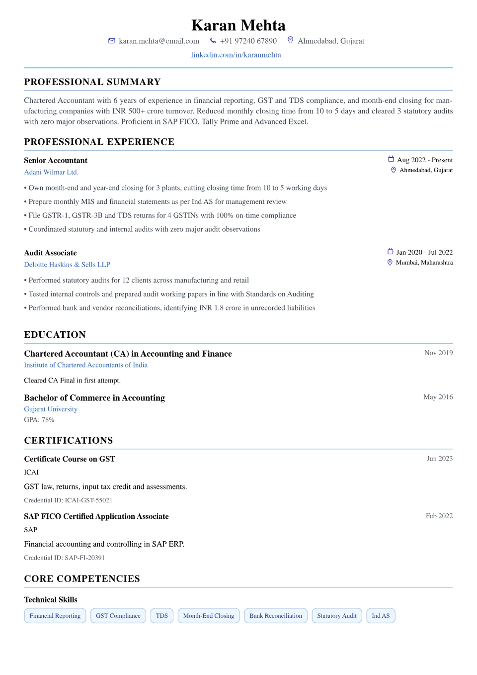Accountant resume sample in the Modern Professional free ATS template