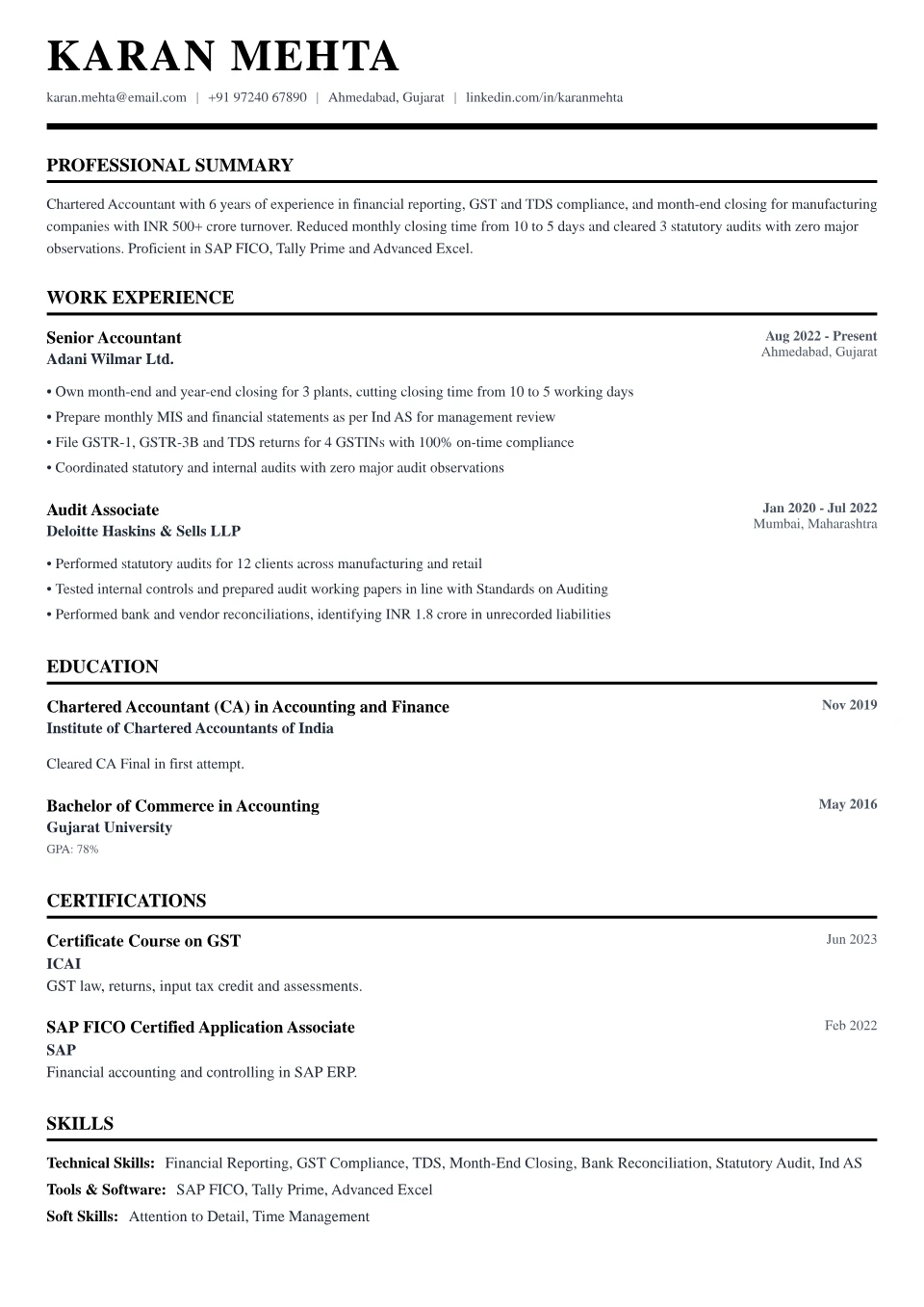Accountant resume sample in the Professional Black & White free ATS template