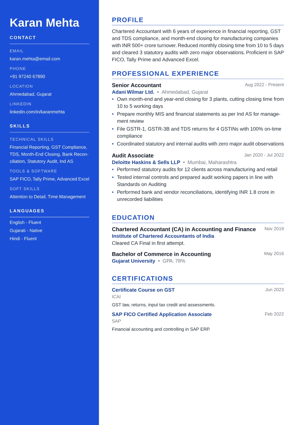 Accountant resume sample in the Sidebar Pro free ATS template
