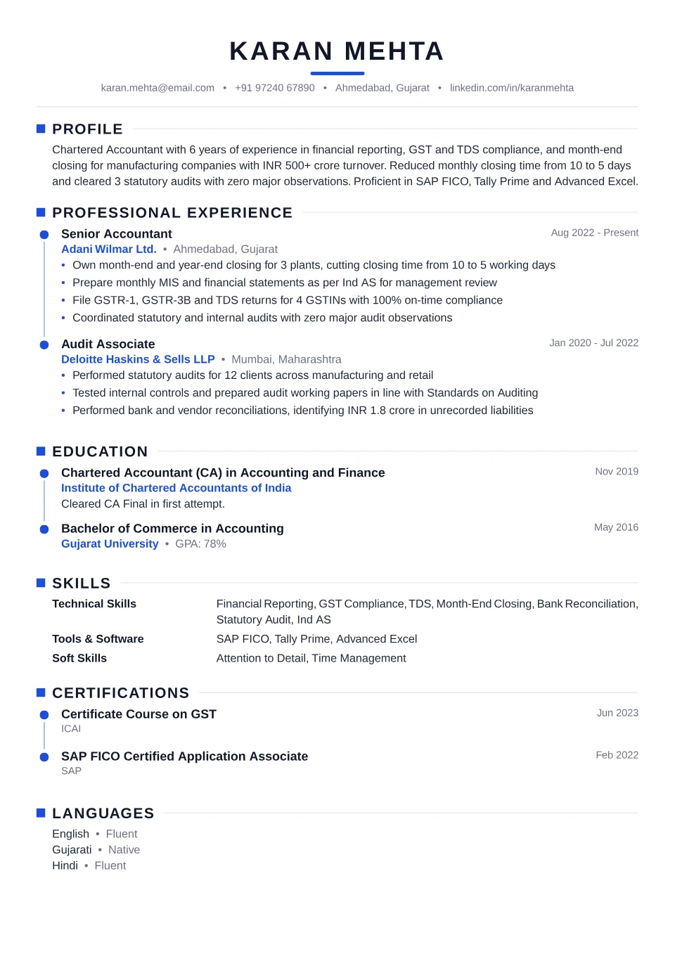 Accountant resume sample in the Timeline Modern free ATS template