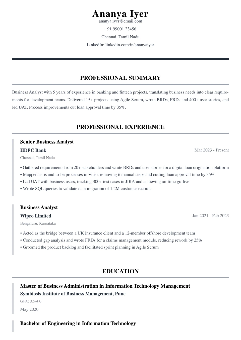 Business Analyst resume sample in the Classic Executive free ATS template