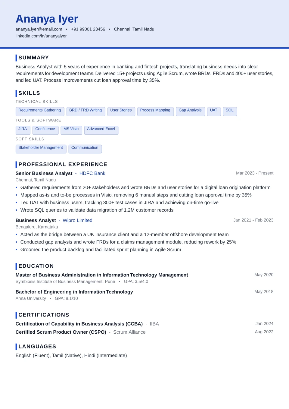 Business Analyst resume sample in the Compact ATS free ATS template