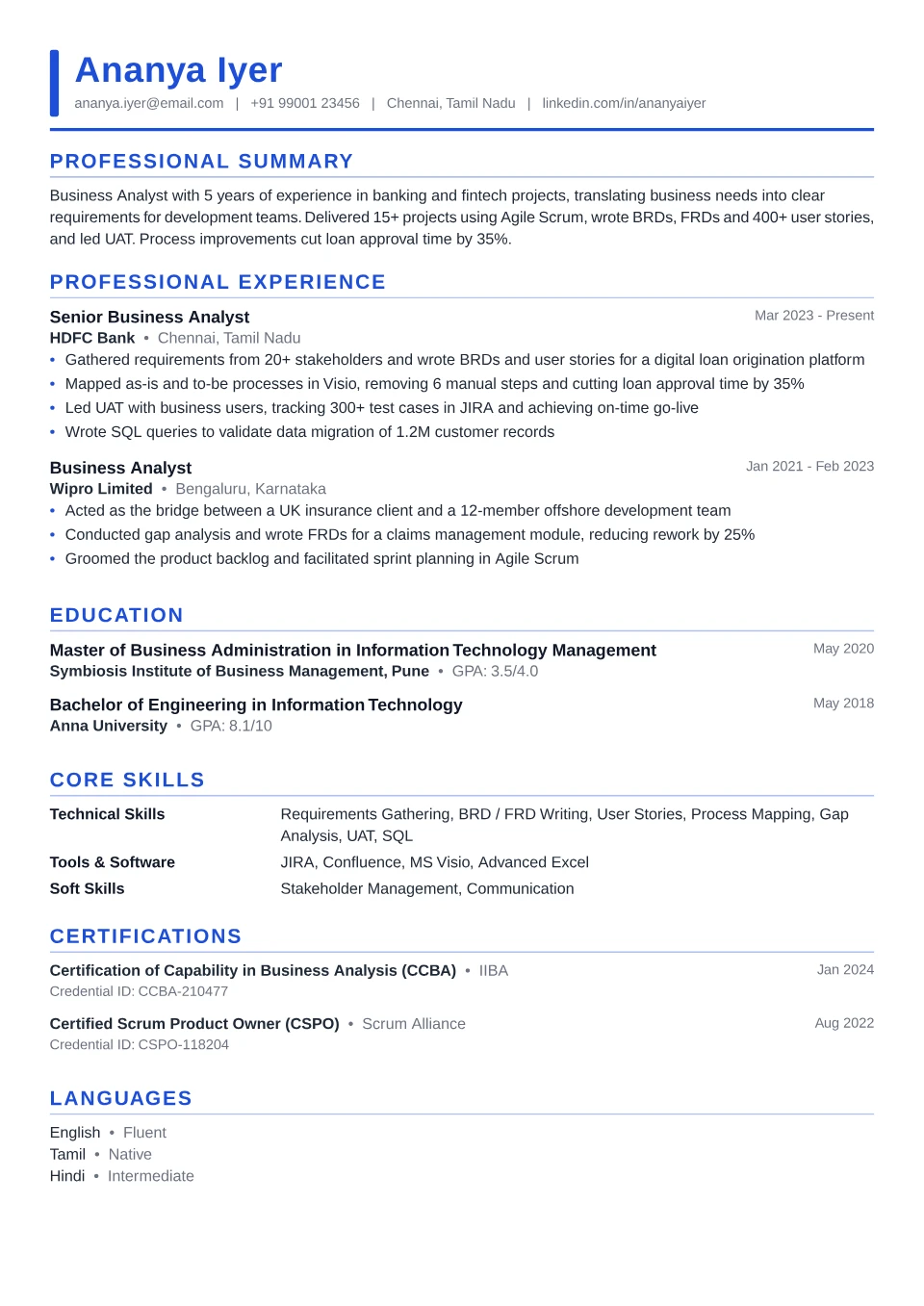Business Analyst resume sample in the Executive Accent free ATS template