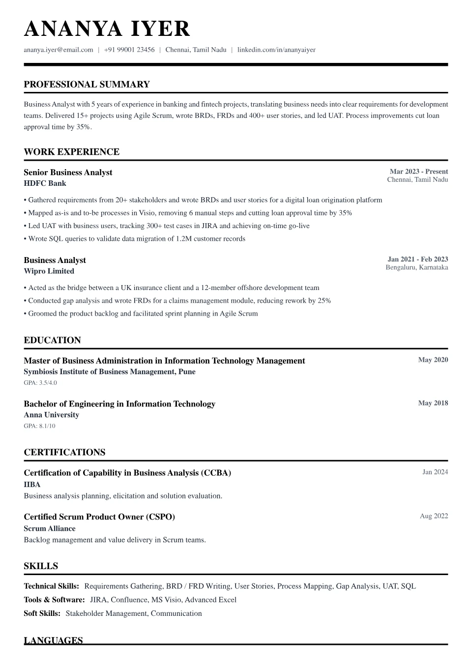 Business Analyst resume sample in the Professional Black & White free ATS template