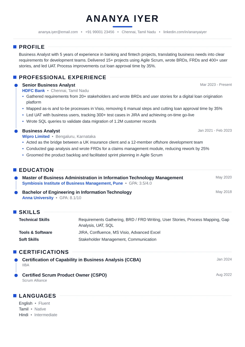Business Analyst resume sample in the Timeline Modern free ATS template
