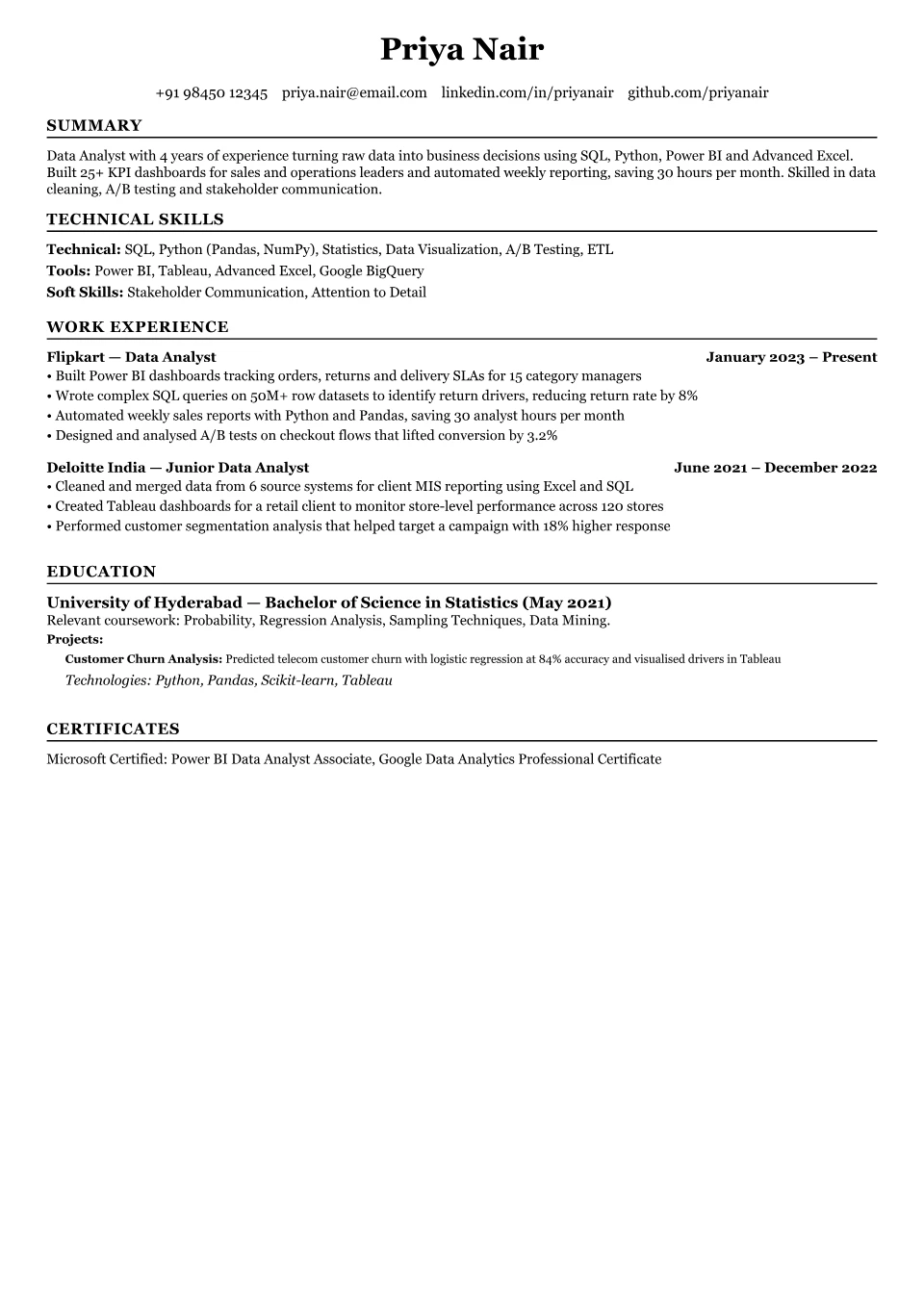 Data Analyst resume sample in the Black Modern Resume free ATS template