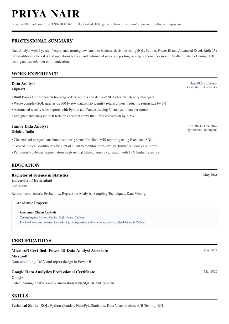 Data Analyst resume sample in the Professional Black & White free ATS template