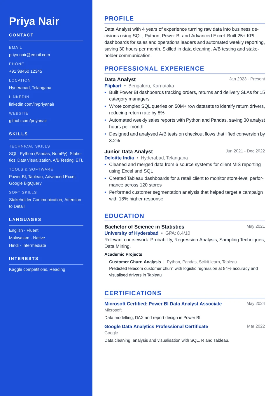 Data Analyst resume sample in the Sidebar Pro free ATS template