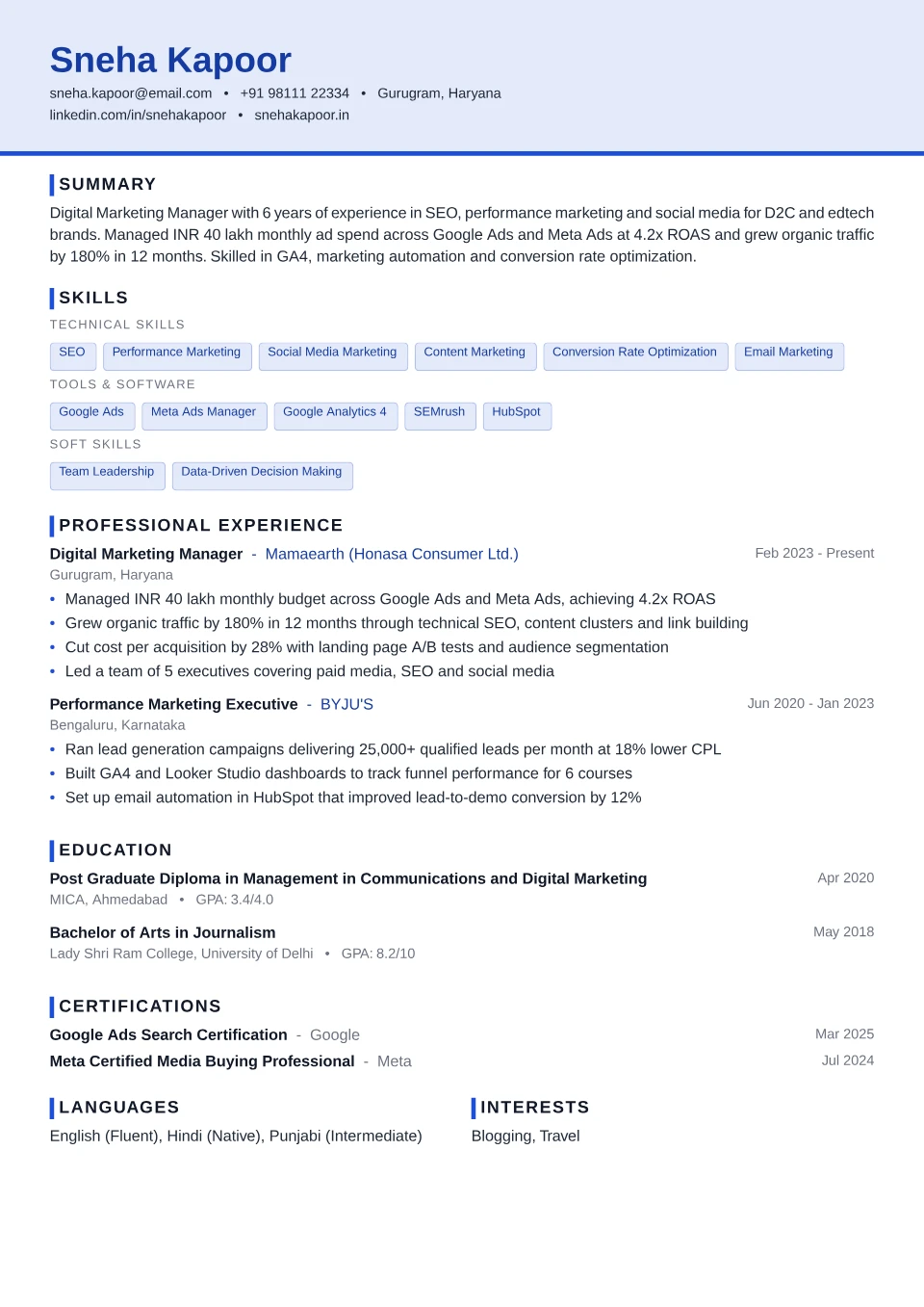 Digital Marketing resume sample in the Compact ATS free ATS template