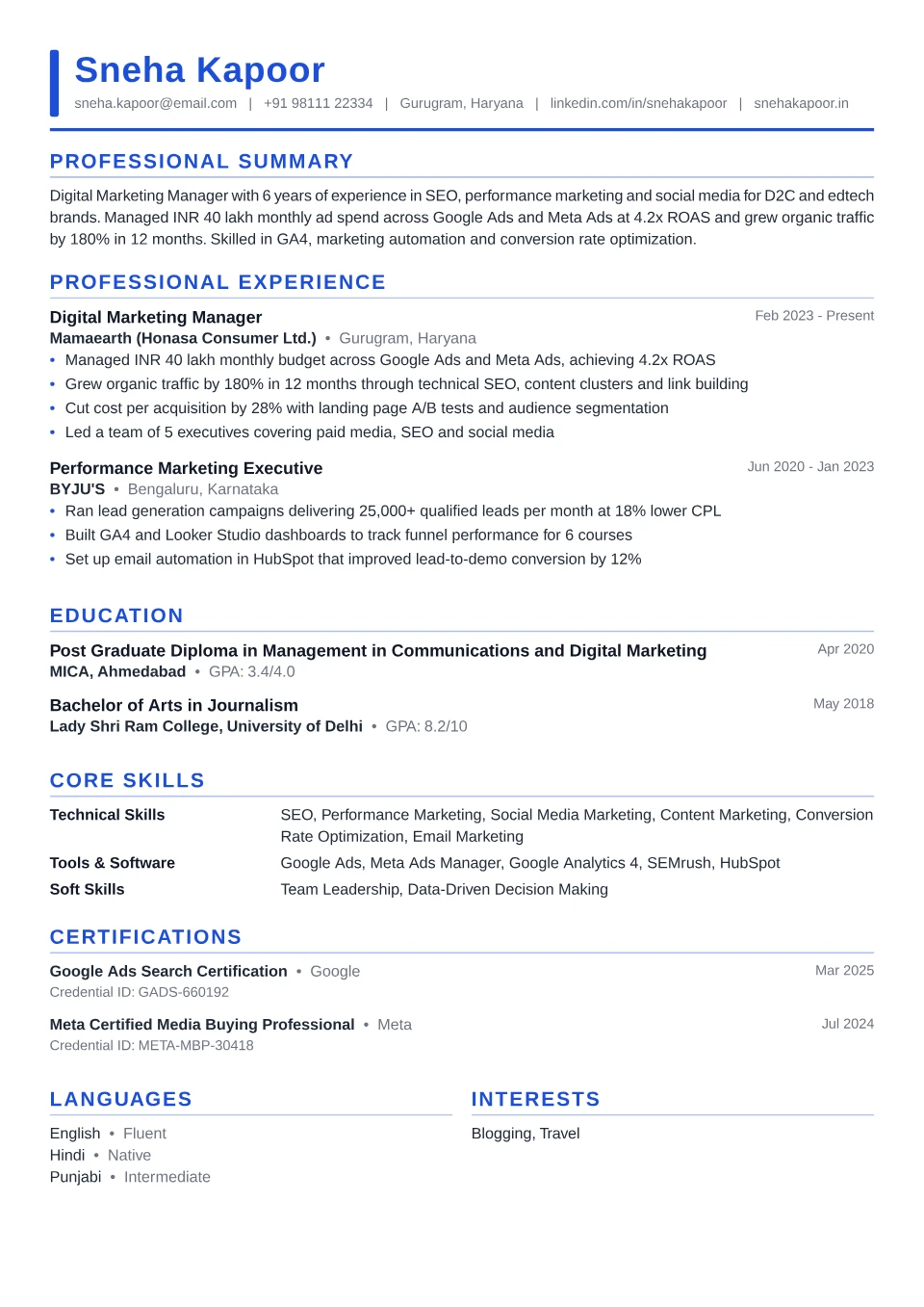 Digital Marketing resume sample in the Executive Accent free ATS template