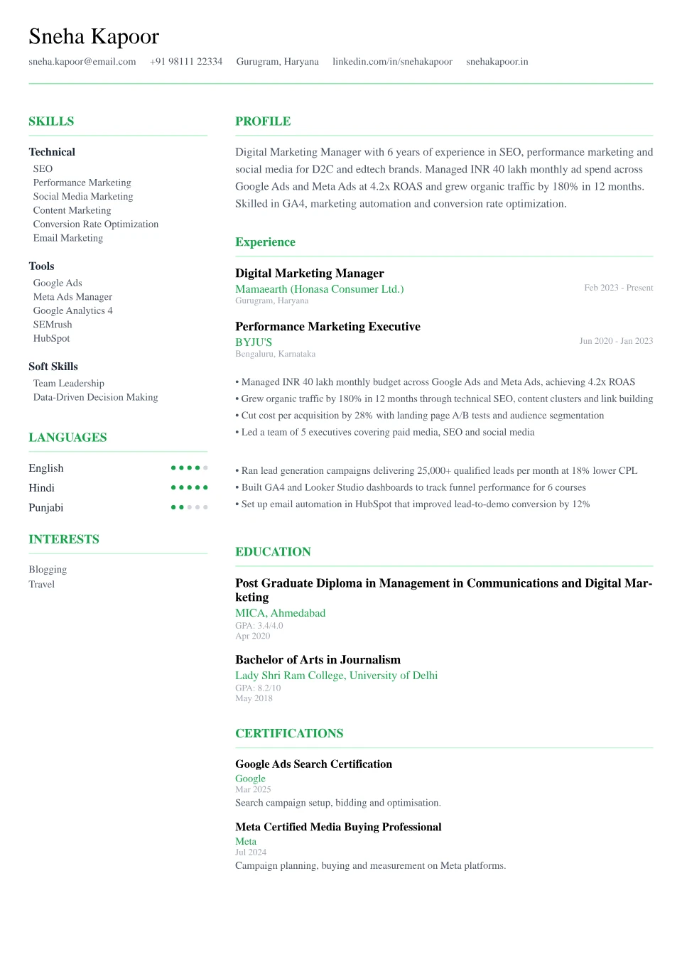 Digital Marketing resume sample in the Minimalist Clean free ATS template