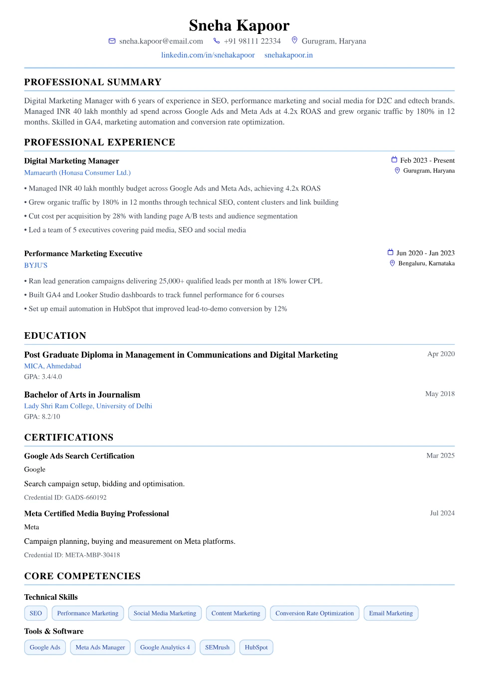 Digital Marketing resume sample in the Modern Professional free ATS template