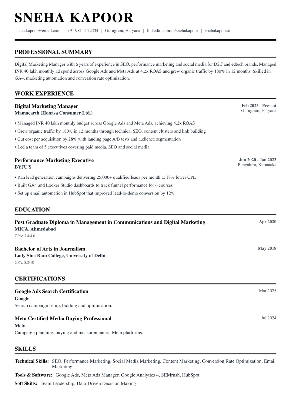 Digital Marketing resume sample in the Professional Black & White free ATS template