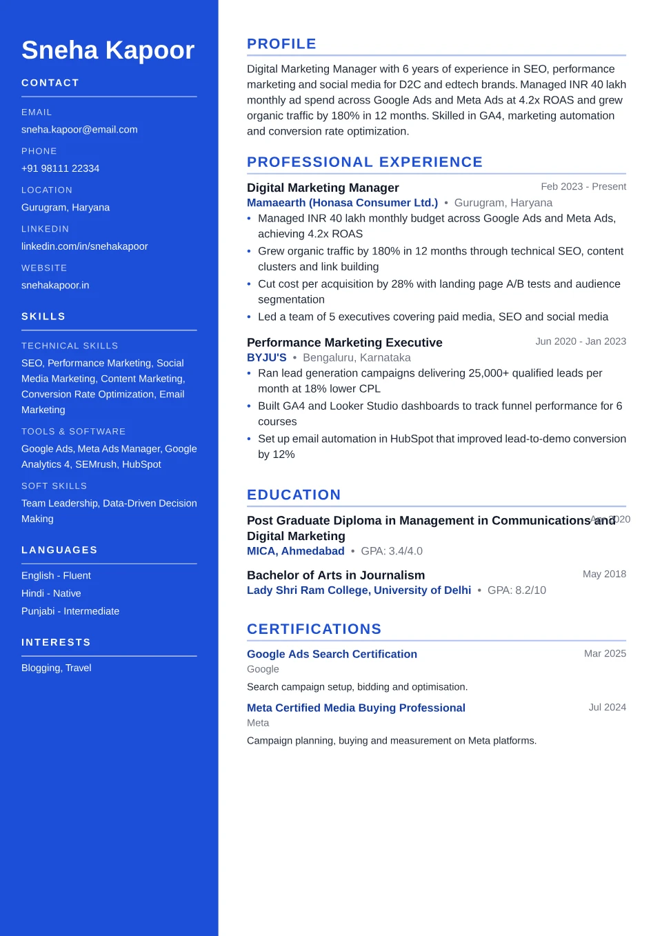 Digital Marketing resume sample in the Sidebar Pro free ATS template