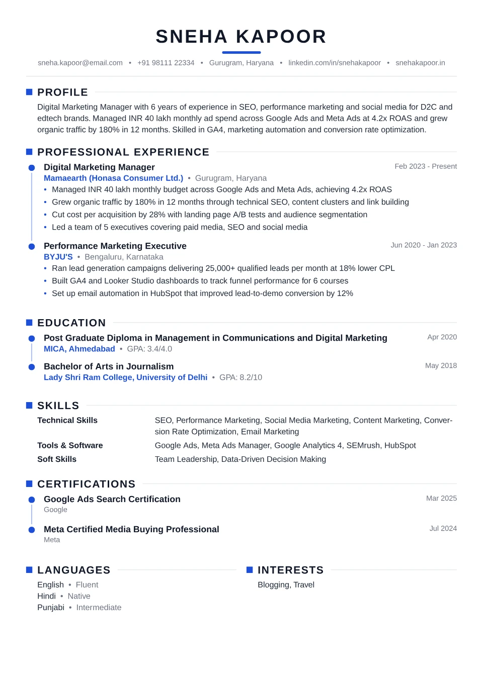 Digital Marketing resume sample in the Timeline Modern free ATS template