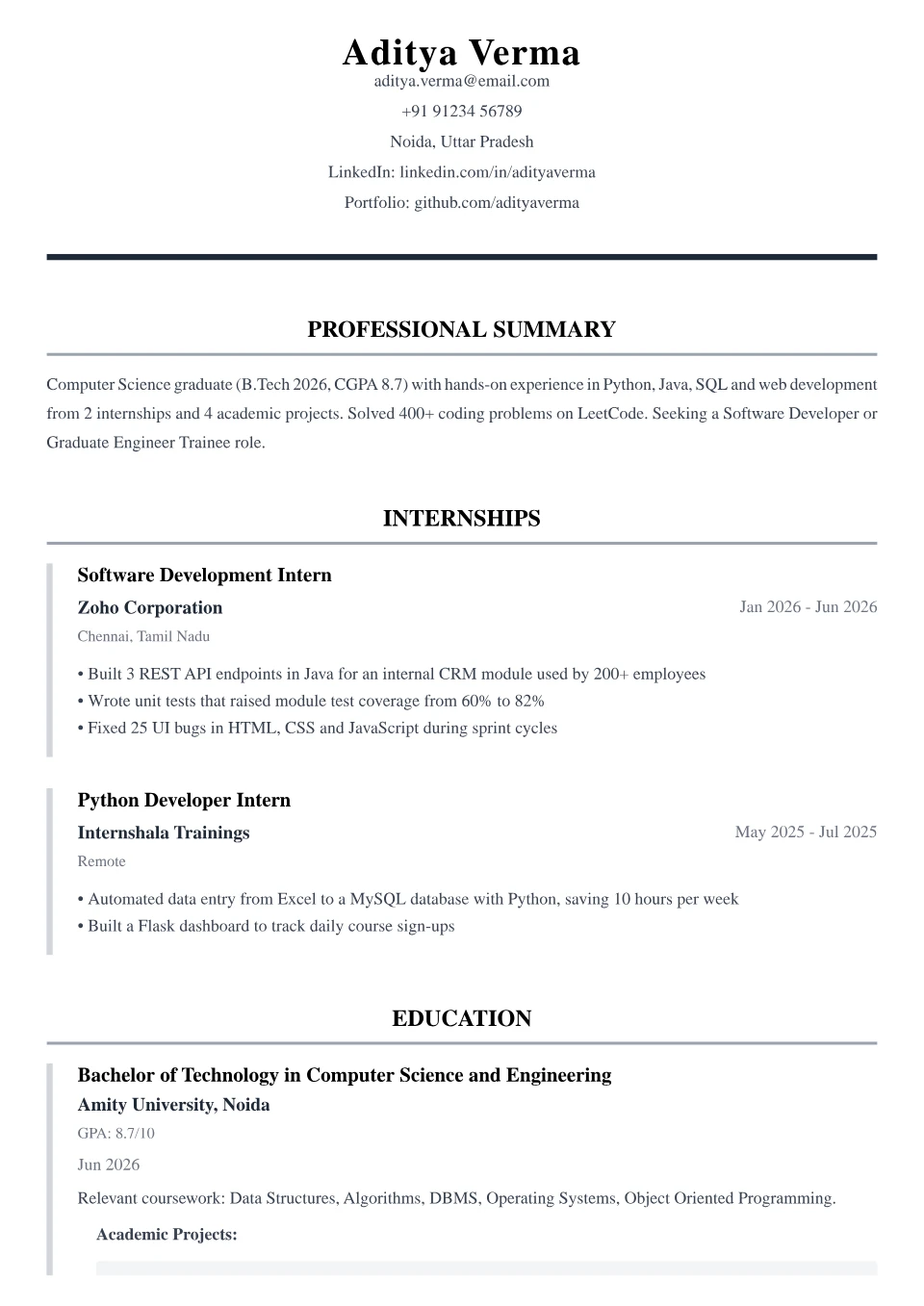Fresher resume sample in the Classic Executive free ATS template