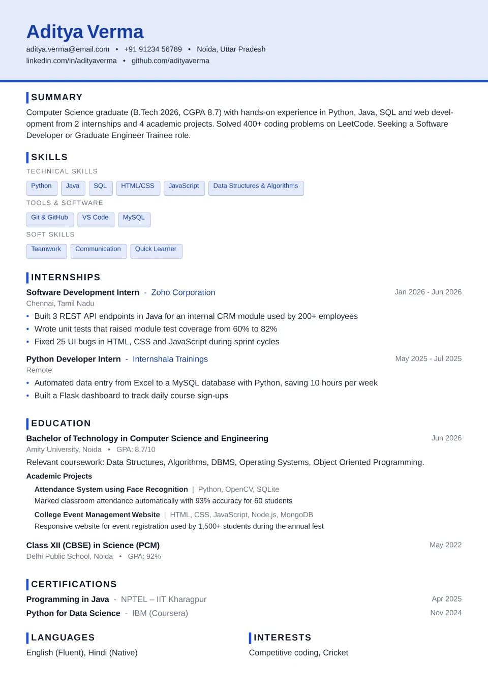 Fresher resume sample in the Compact ATS free ATS template