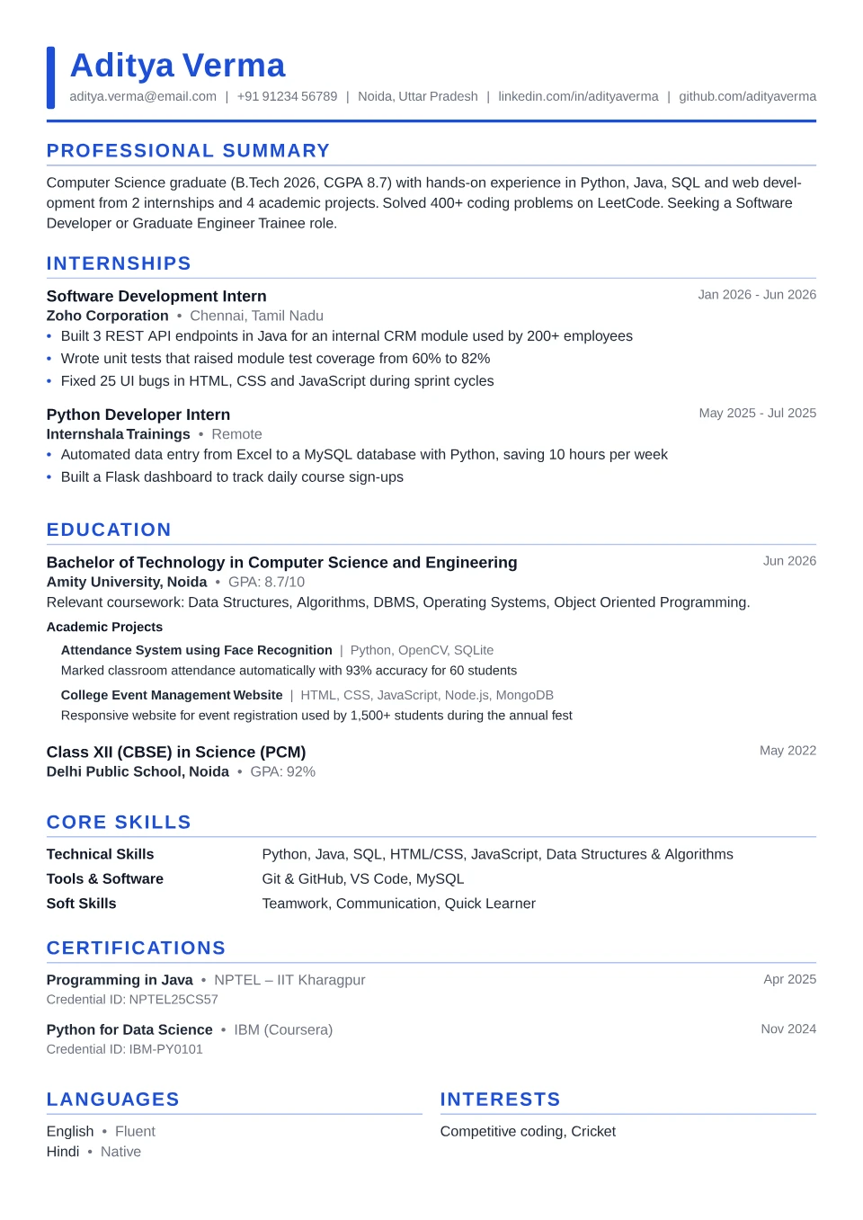 Fresher resume sample in the Executive Accent free ATS template