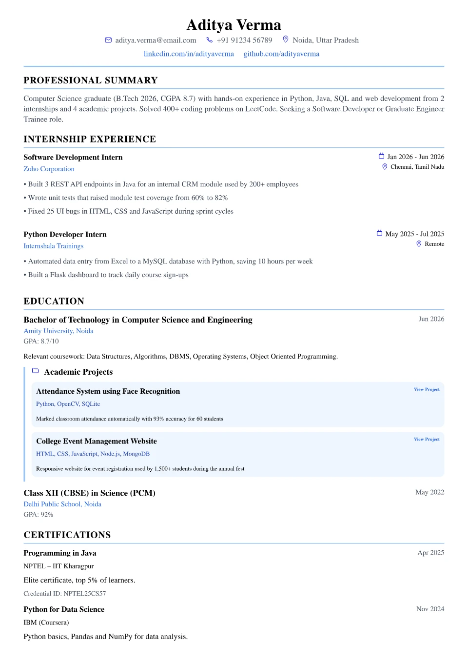 Fresher resume sample in the Modern Professional free ATS template