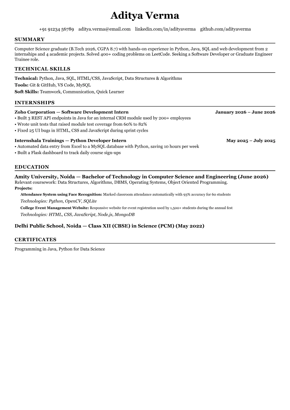 Fresher resume sample in the Black Modern Resume free ATS template