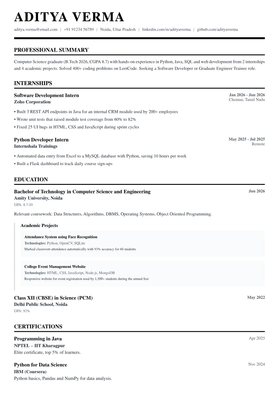 Fresher resume sample in the Professional Black & White free ATS template