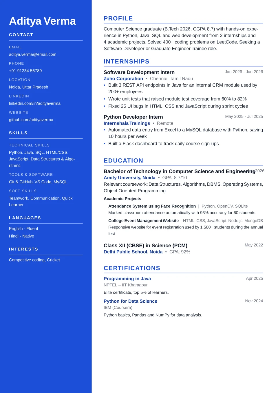 Fresher resume sample in the Sidebar Pro free ATS template