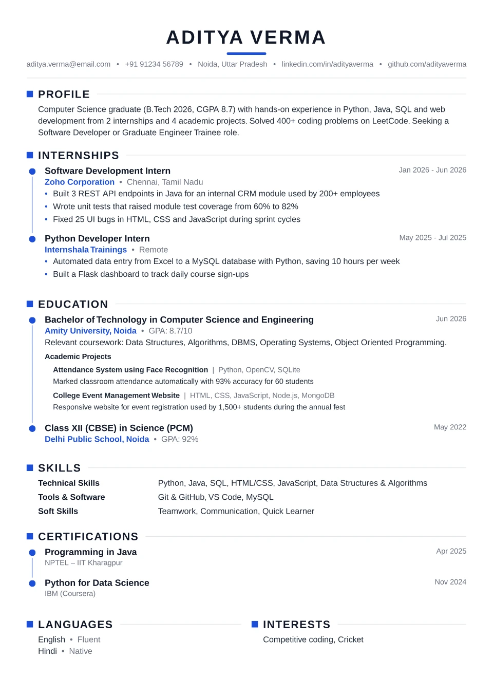 Fresher resume sample in the Timeline Modern free ATS template