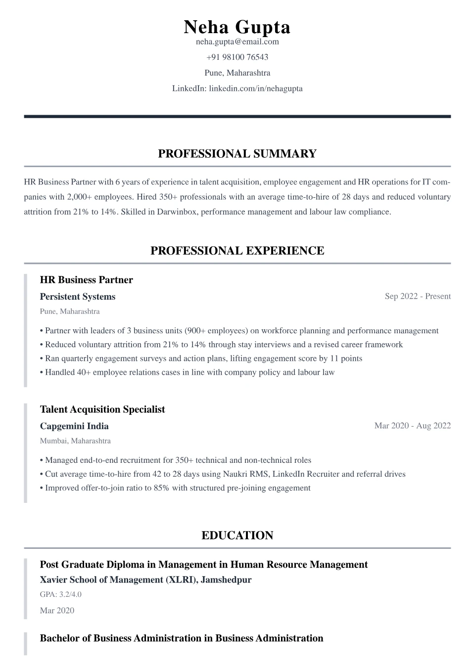 HR resume sample in the Classic Executive free ATS template