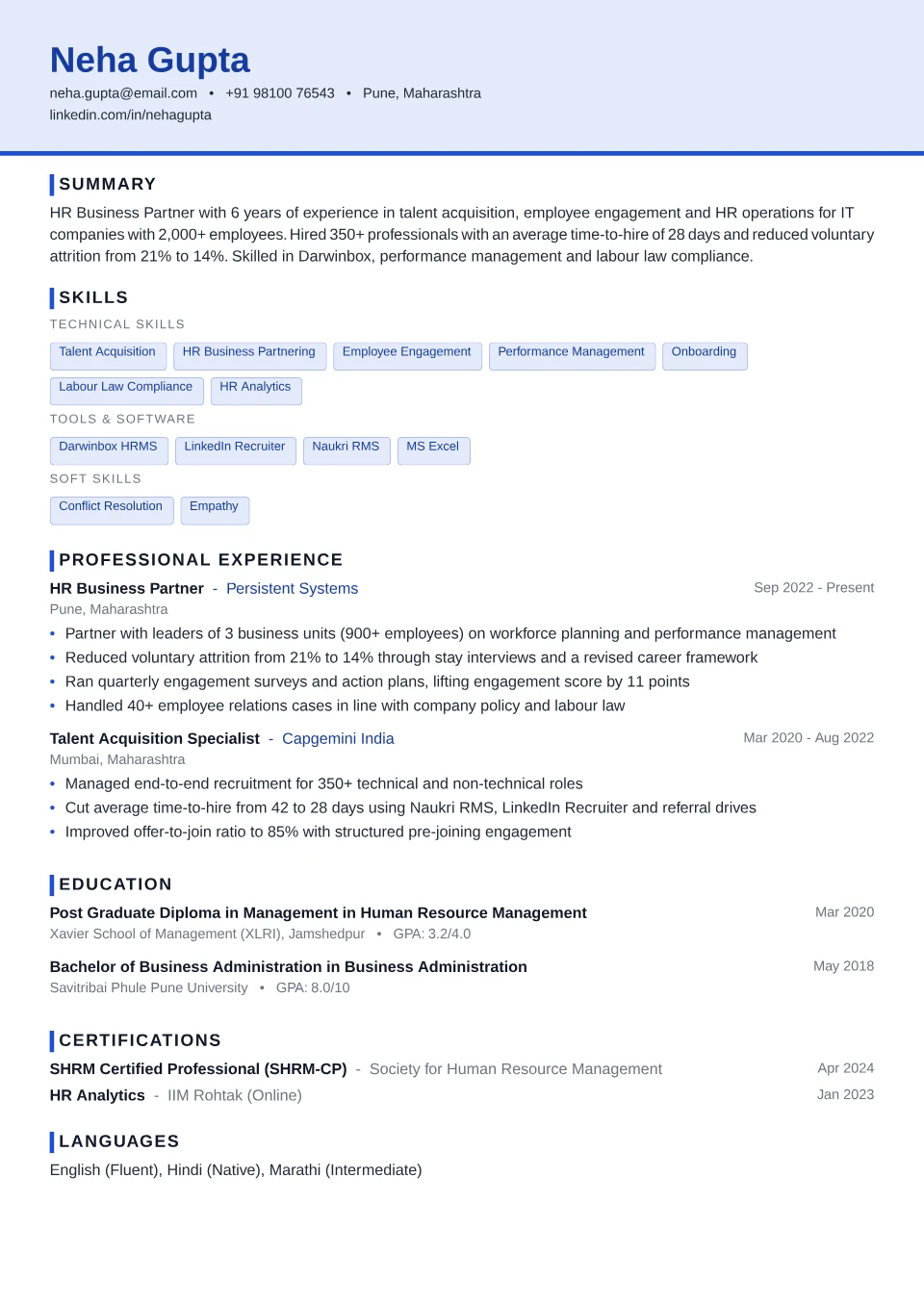 HR resume sample in the Compact ATS free ATS template