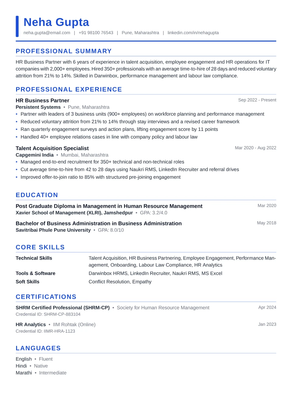 HR resume sample in the Executive Accent free ATS template