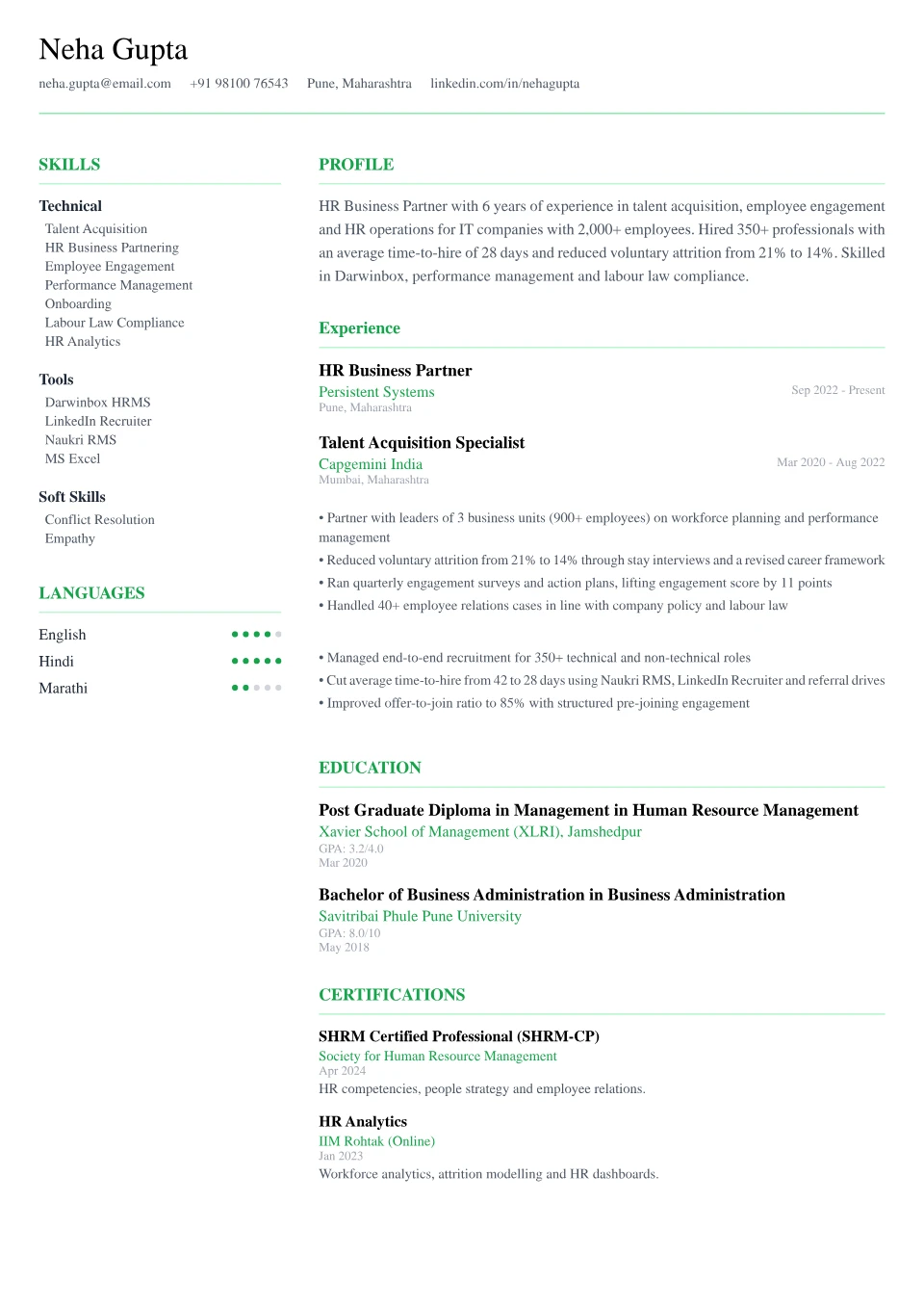 HR resume sample in the Minimalist Clean free ATS template