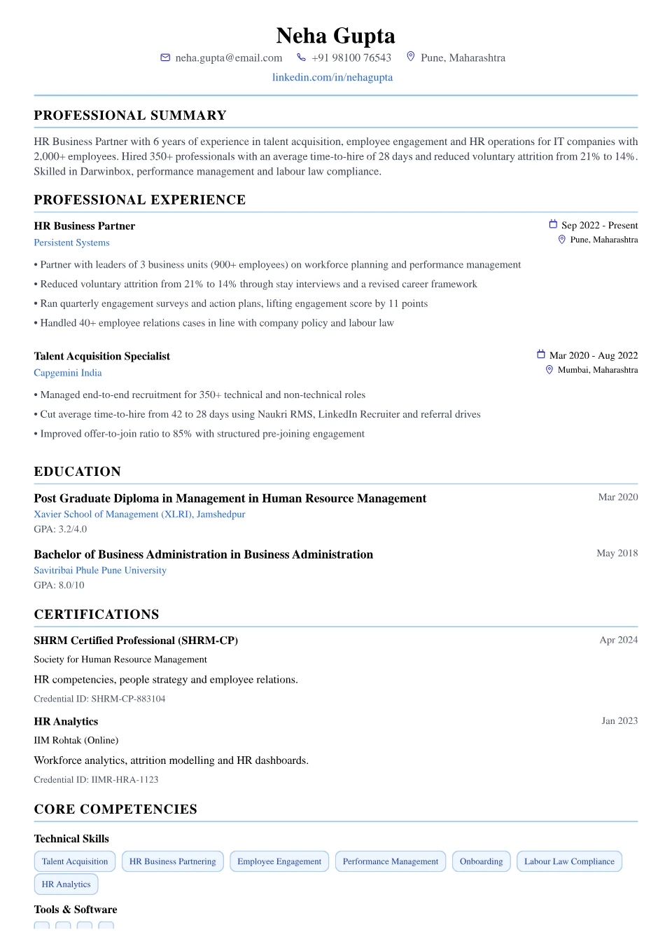 HR resume sample in the Modern Professional free ATS template