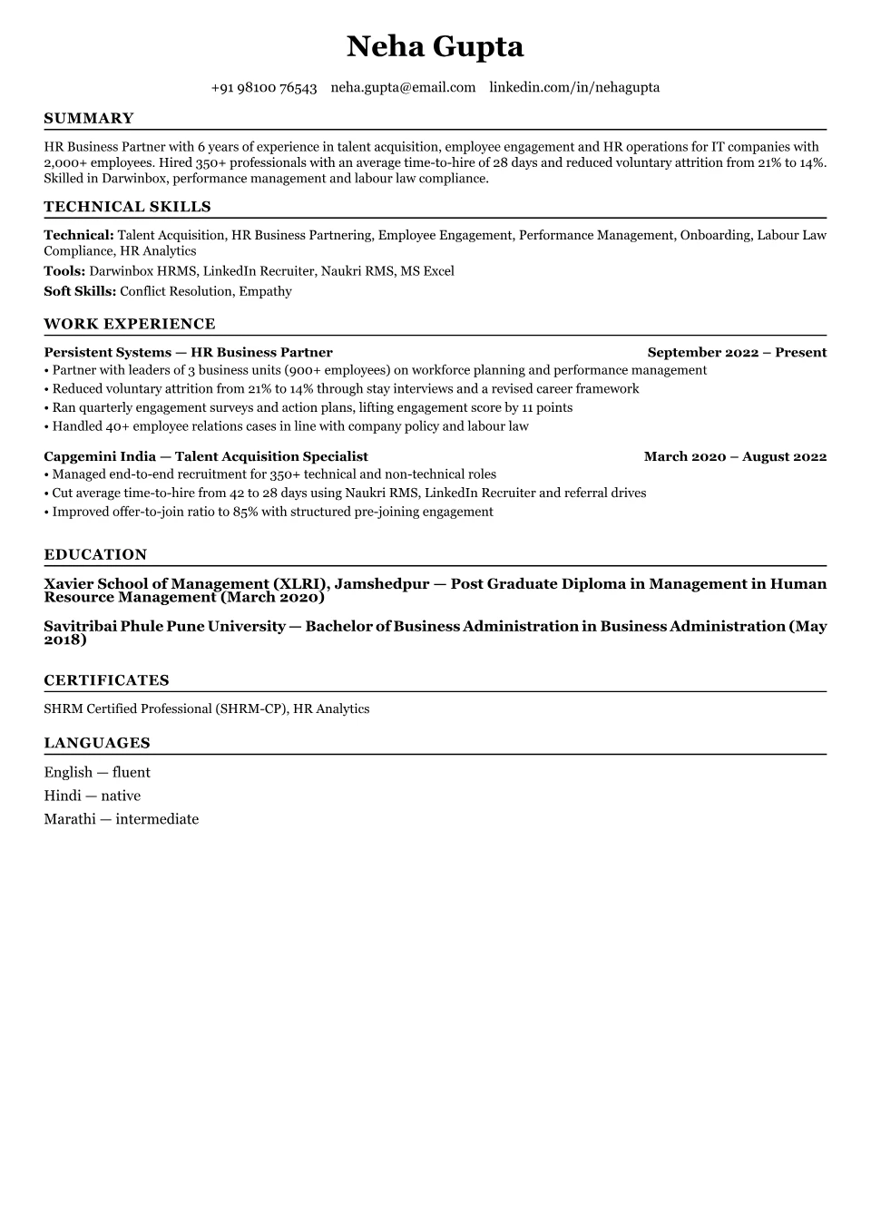 HR resume sample in the Black Modern Resume free ATS template