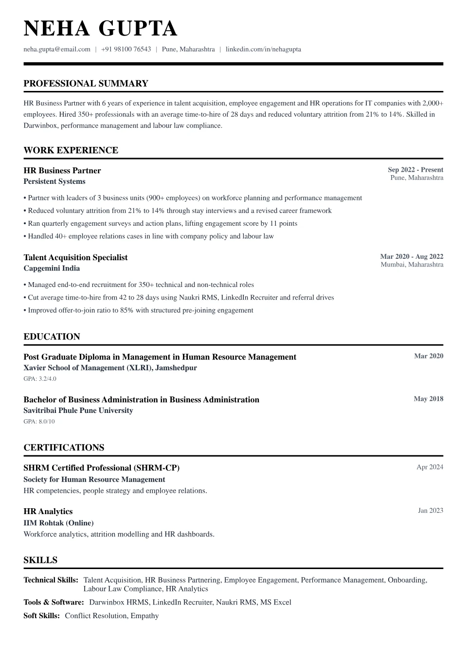 HR resume sample in the Professional Black & White free ATS template