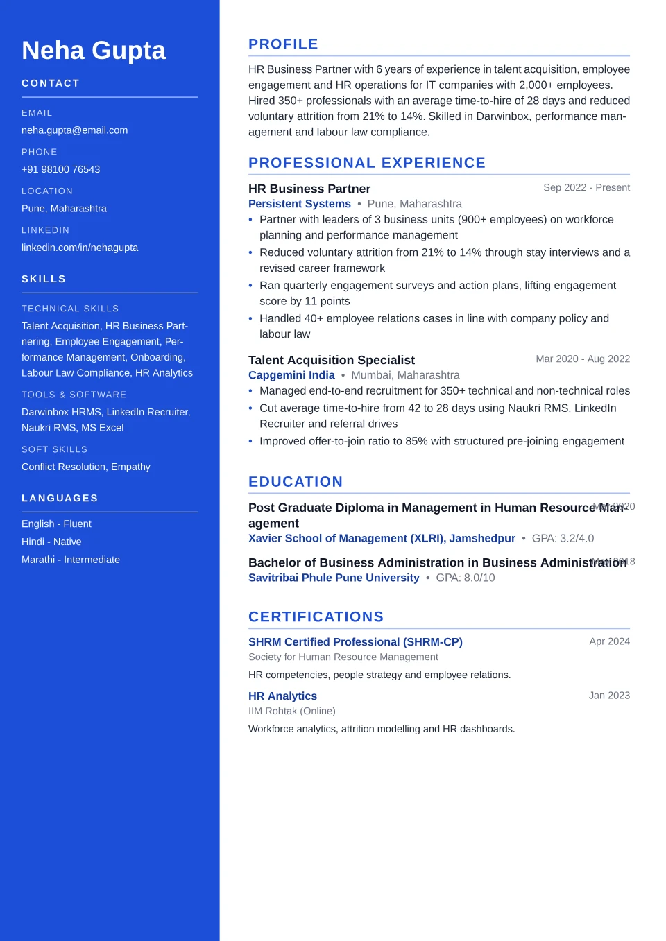HR resume sample in the Sidebar Pro free ATS template