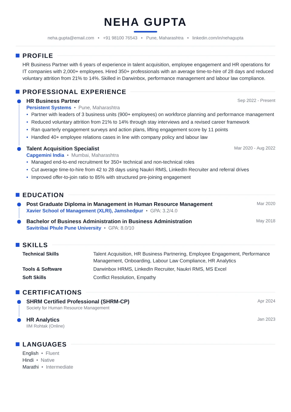 HR resume sample in the Timeline Modern free ATS template