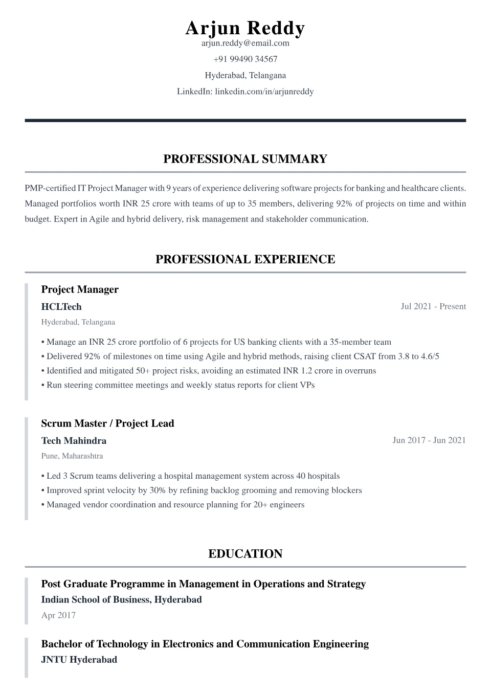 Project Manager resume sample in the Classic Executive free ATS template