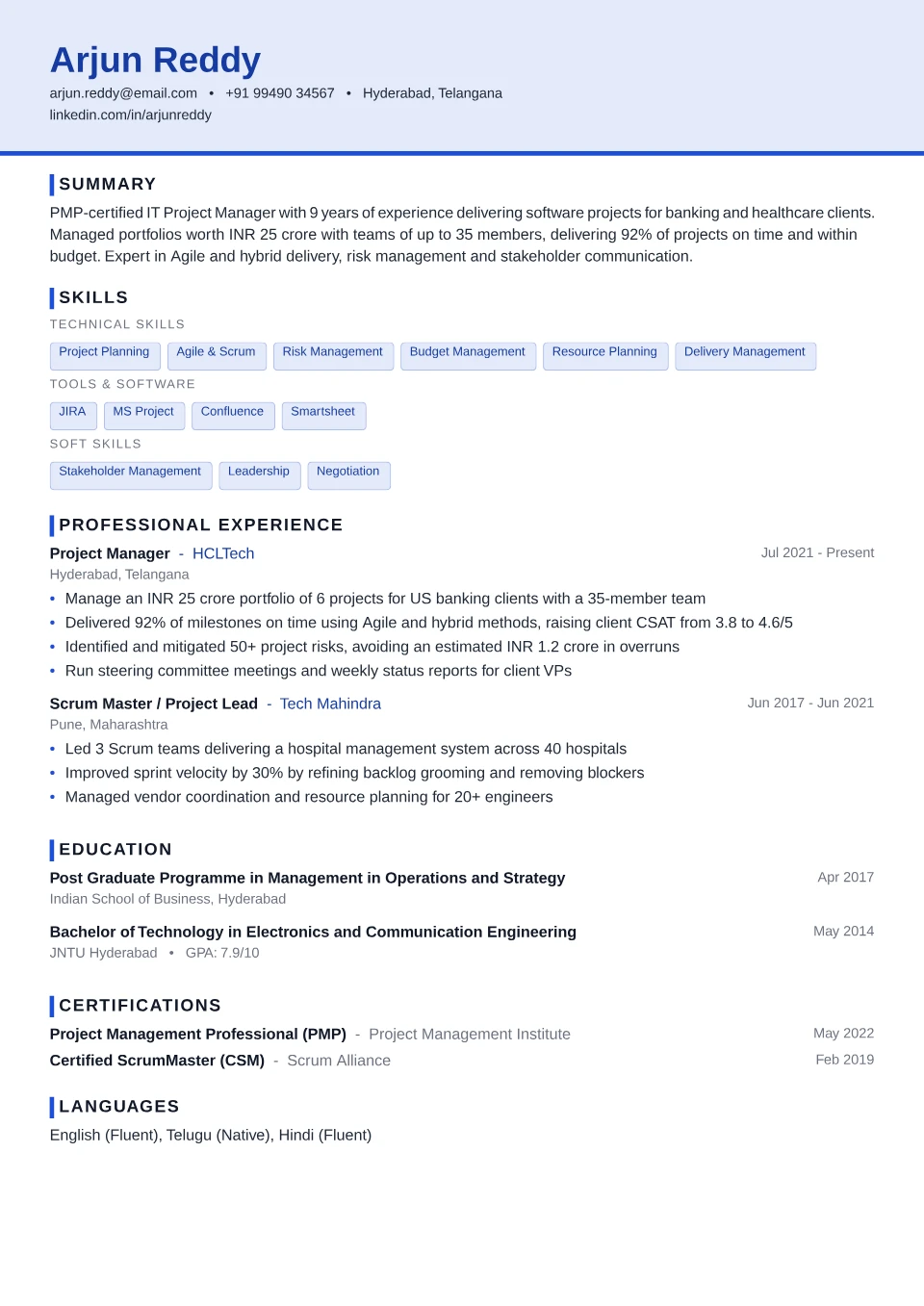 Project Manager resume sample in the Compact ATS free ATS template