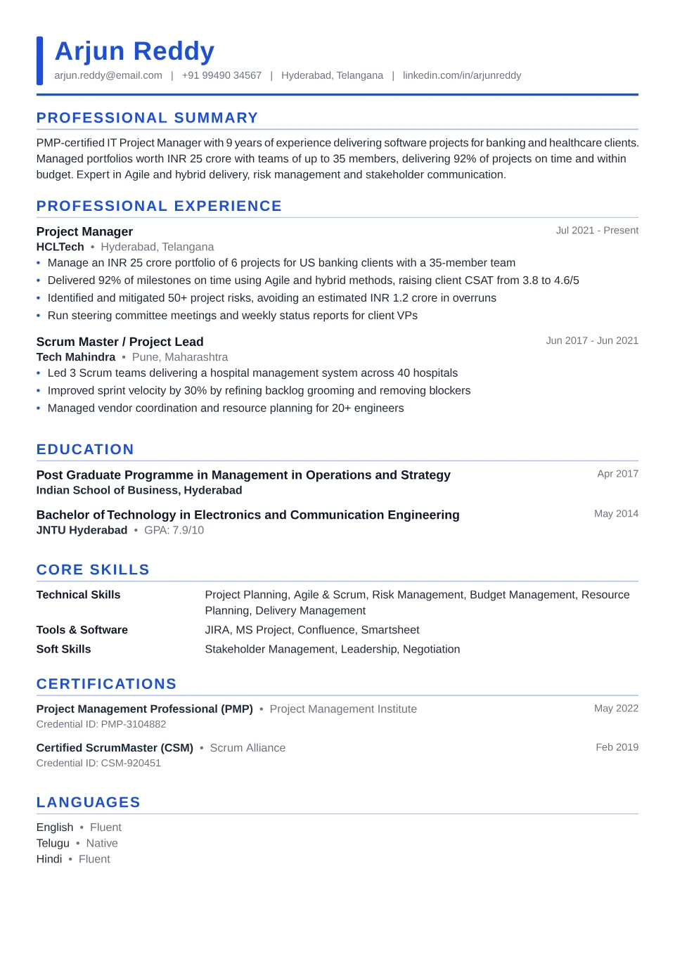 Project Manager resume sample in the Executive Accent free ATS template