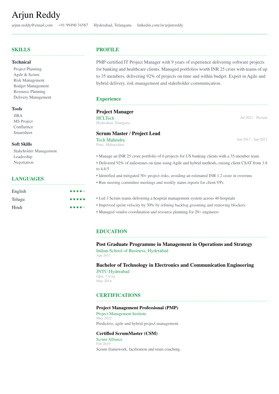 Project Manager resume sample in the Minimalist Clean free ATS template