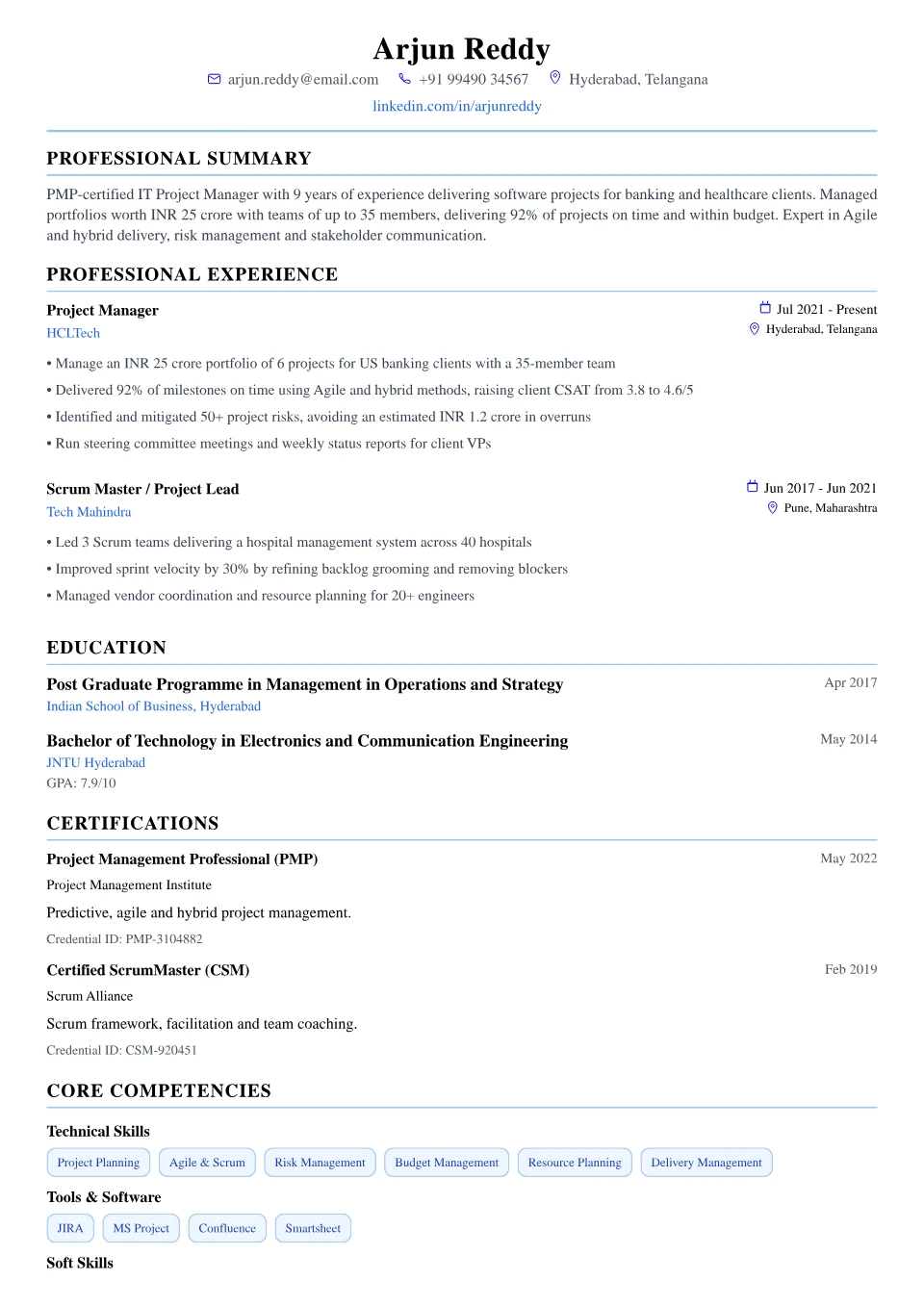 Project Manager resume sample in the Modern Professional free ATS template