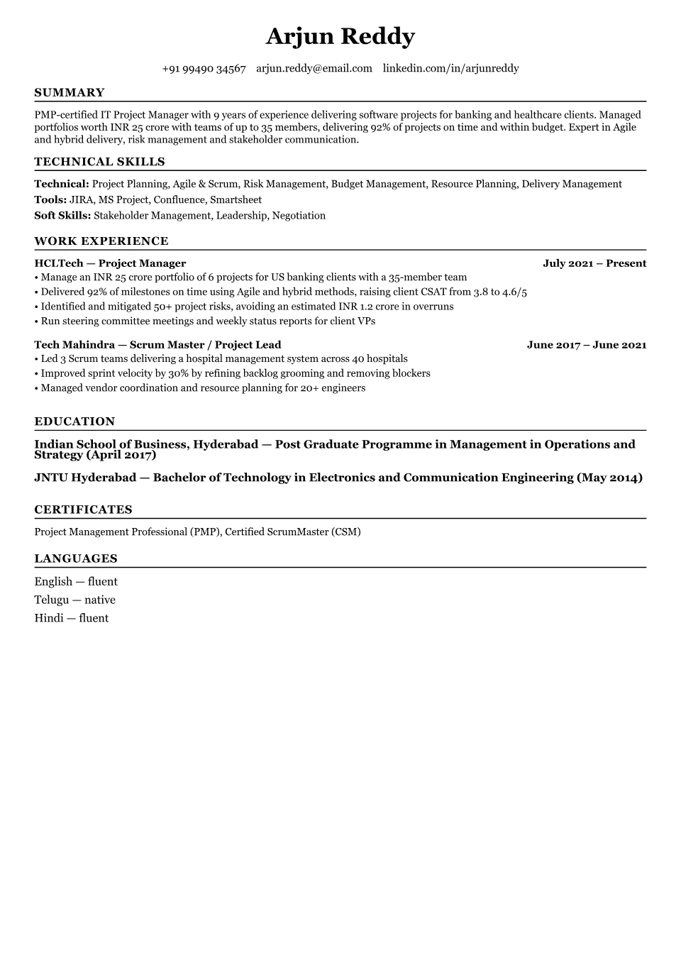 Project Manager resume sample in the Black Modern Resume free ATS template