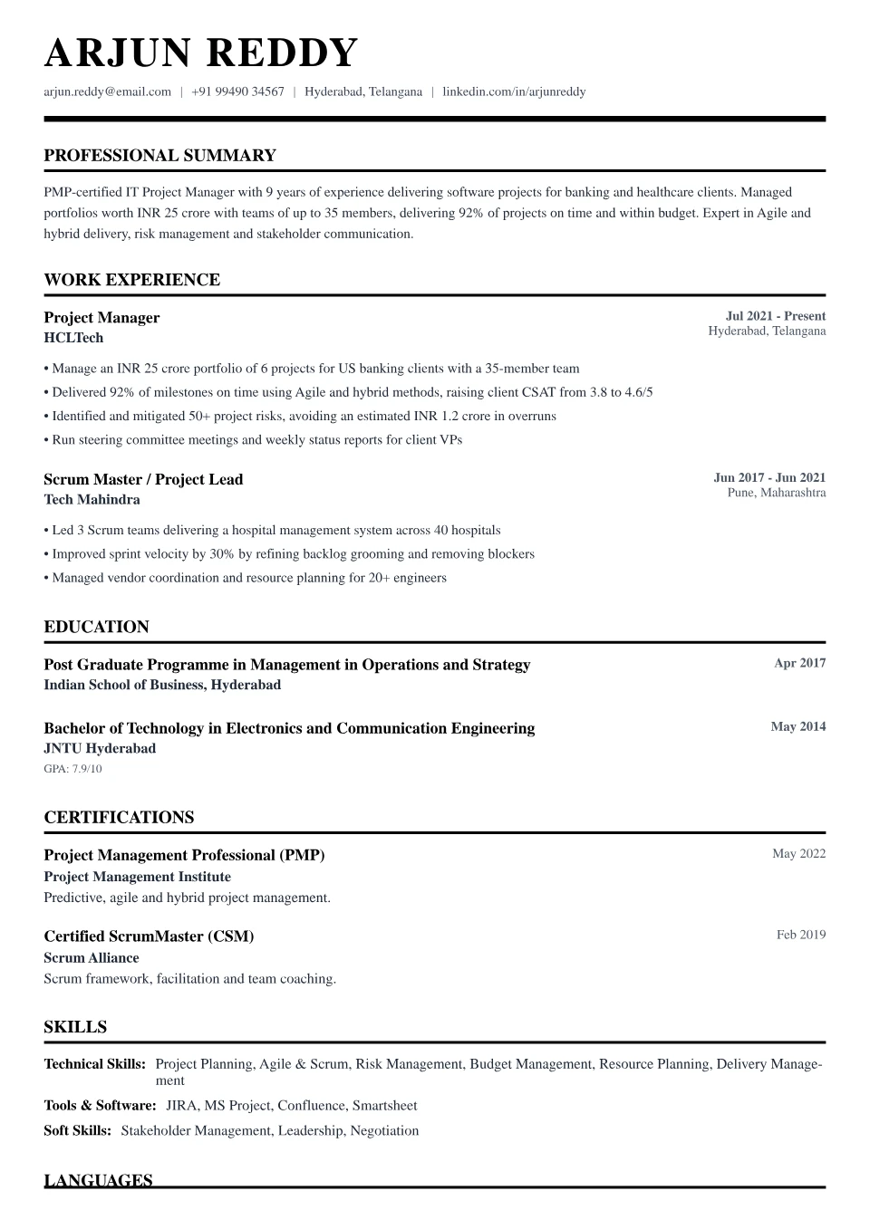 Project Manager resume sample in the Professional Black & White free ATS template
