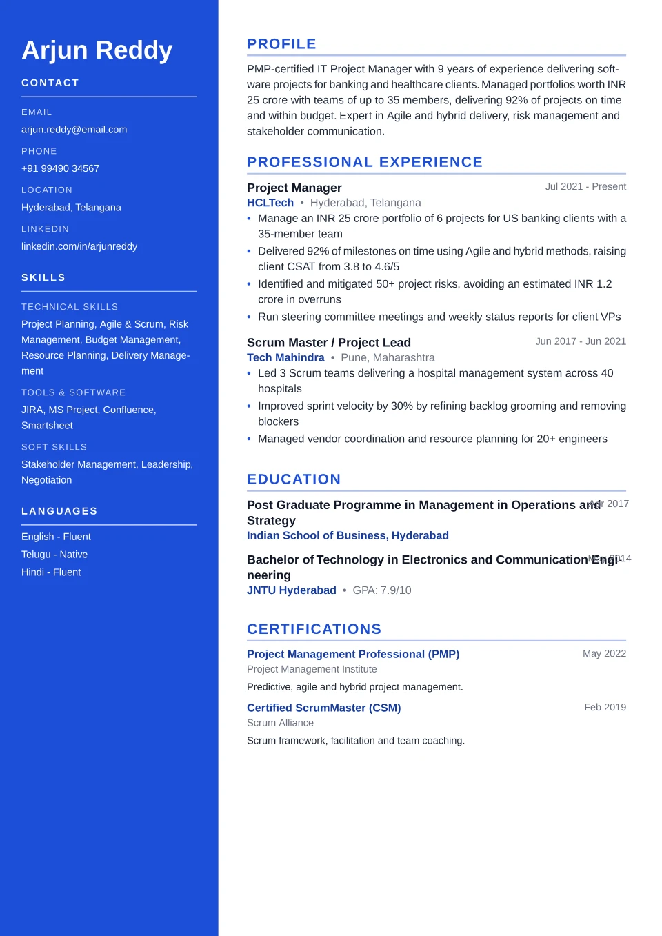 Project Manager resume sample in the Sidebar Pro free ATS template