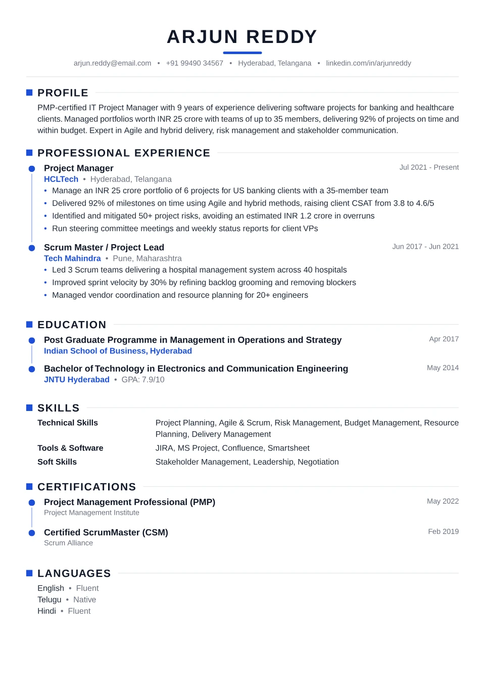 Project Manager resume sample in the Timeline Modern free ATS template