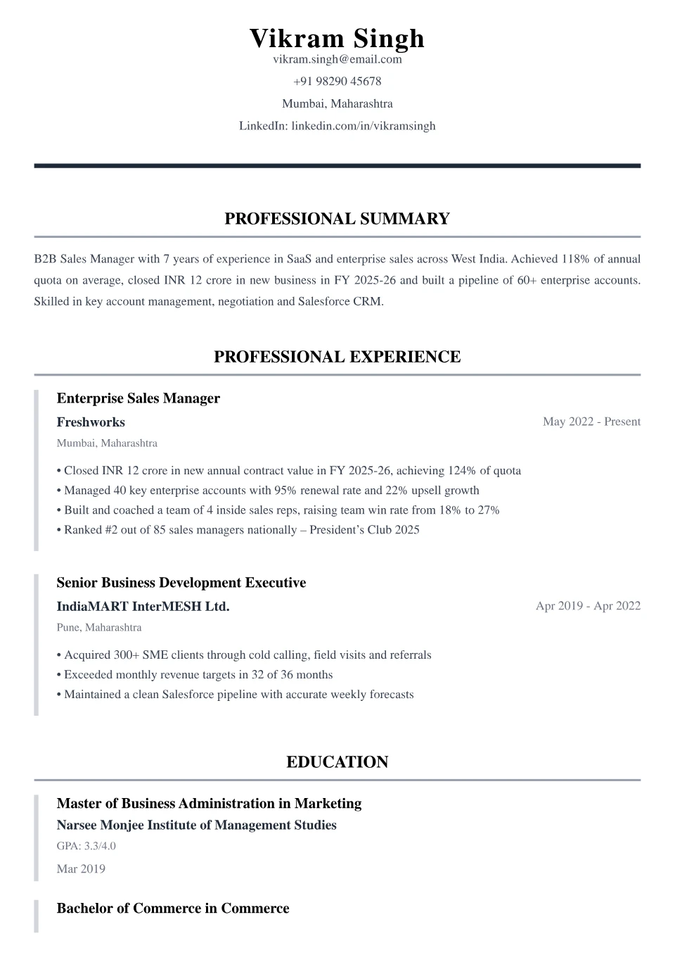 Sales resume sample in the Classic Executive free ATS template