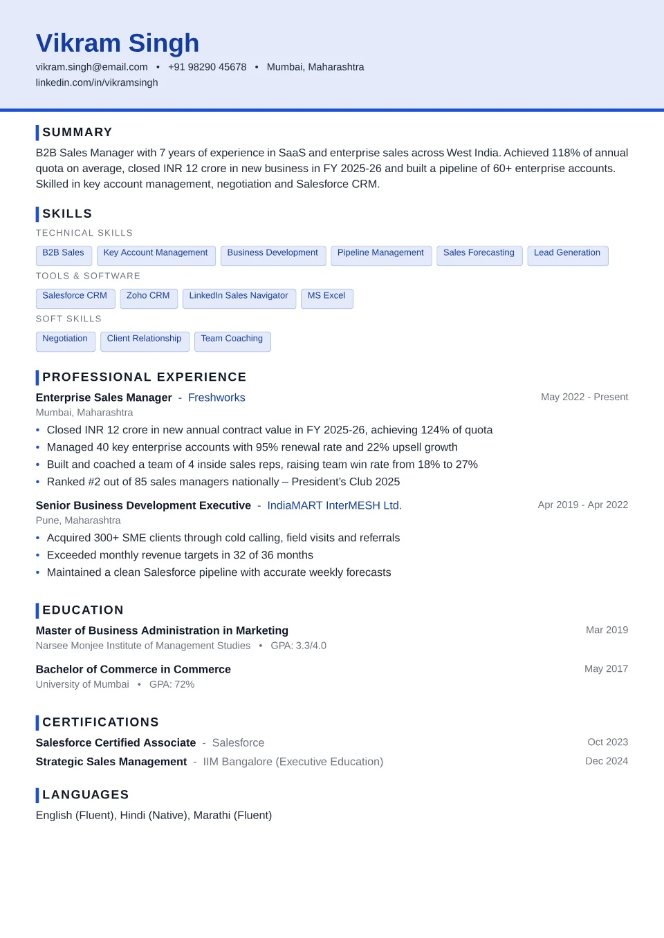 Sales resume sample in the Compact ATS free ATS template
